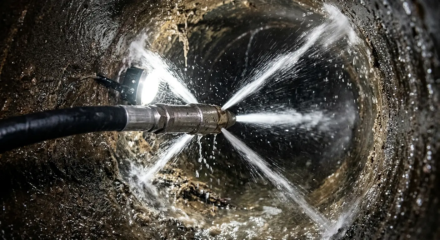 High-pressure hydro jetting nozzle cleaning sewer pipe for Sewer Cleanout in Harriman
