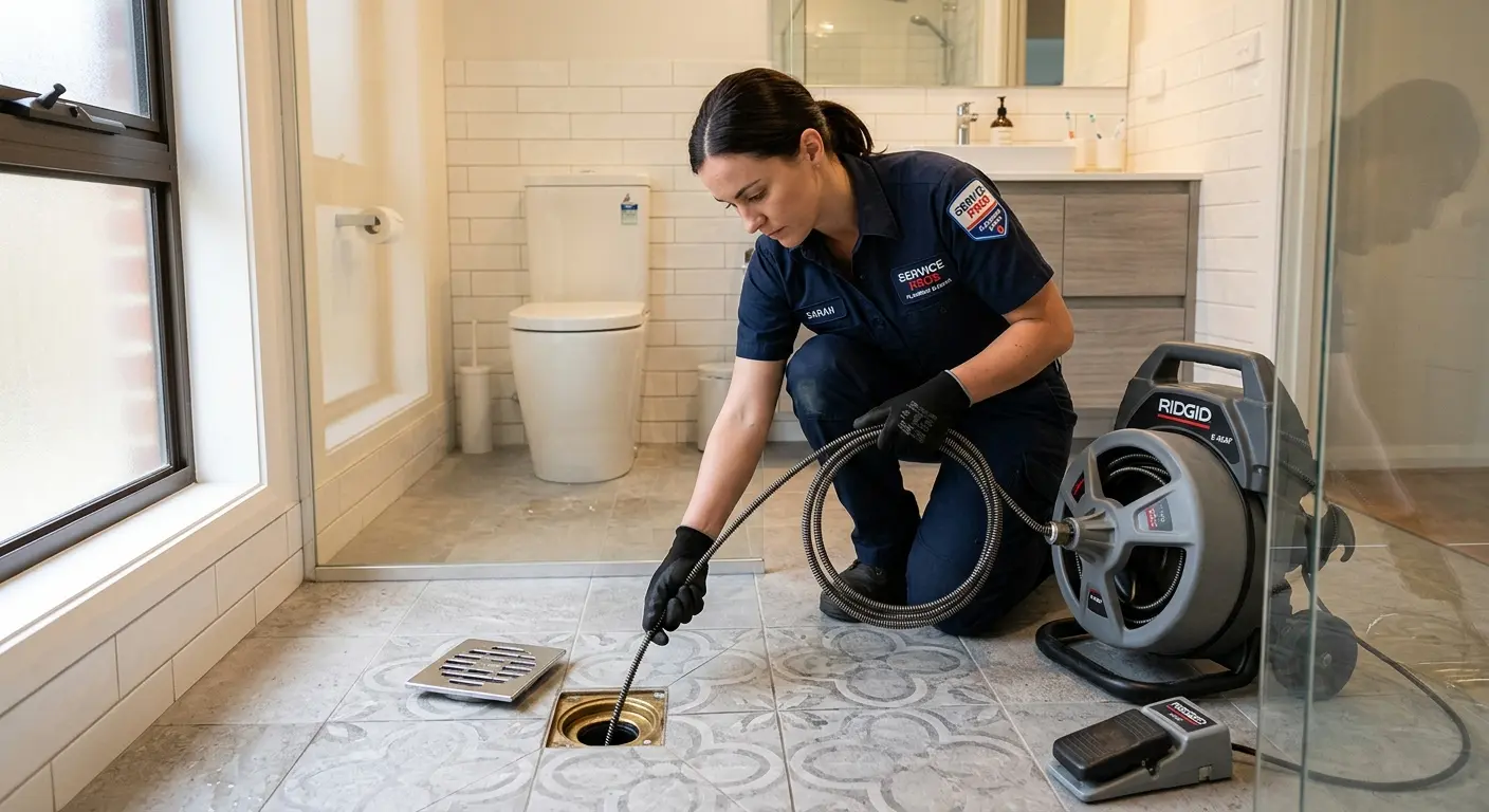 Technician clearing a bathroom floor drain for Sewer Line Installation in Harriman